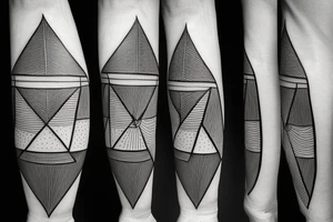 geometric triangles, tree, moon and sun on long arrow tattoo idea