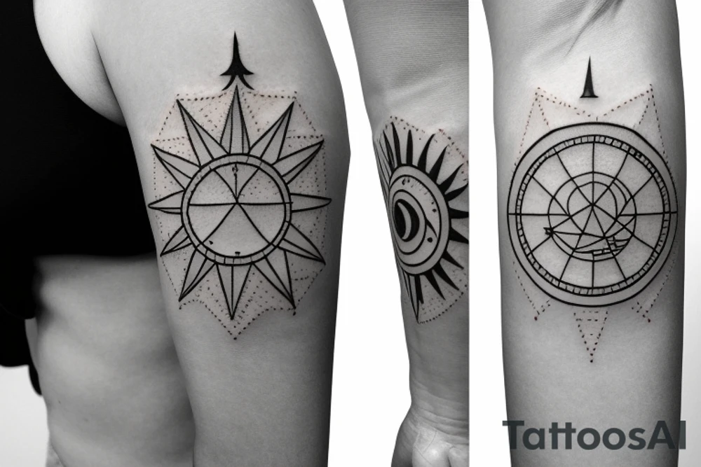 geometric arrow, with astrology sun moon and nature tattoo idea