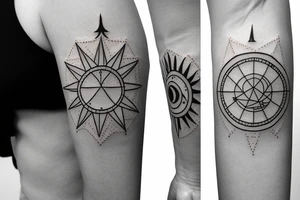 geometric arrow, with astrology sun moon and nature tattoo idea