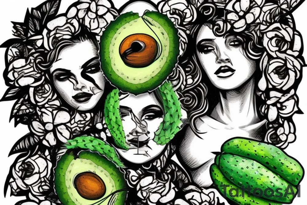 Medusa with marigolds, avocados, cactus, and a spear tattoo idea