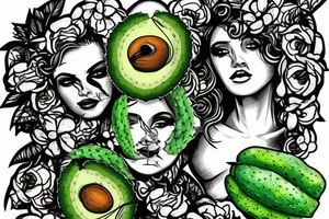 Medusa with marigolds, avocados, cactus, and a spear tattoo idea