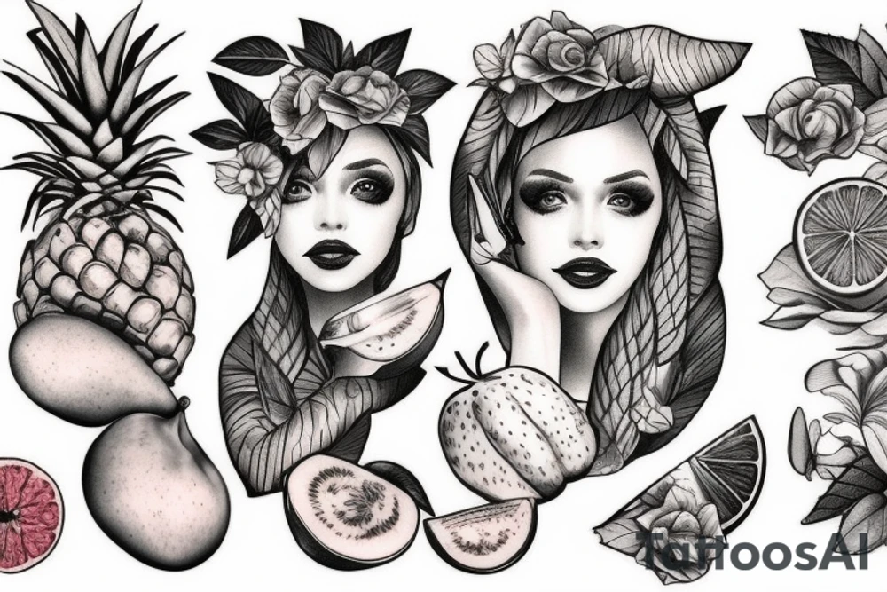 Female disguised as fruits tattoo idea