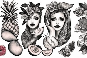 Female disguised as fruits tattoo idea
