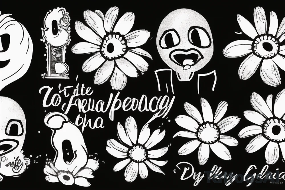 A little black man with his head on fire holding a daisy and smiling with a tear in his eye to signify that he has finally found peace tattoo idea