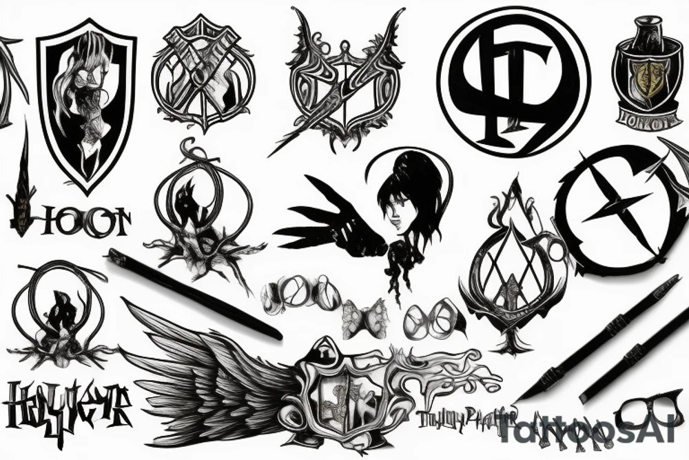 Harry Potter wand surrounded by the golden snitch, deathly hollows, Harry's glasses, Harry's scar, dobbins sock, triwizard cup and potion tattoo idea