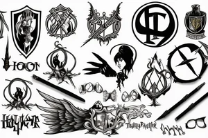 Harry Potter wand surrounded by the golden snitch, deathly hollows, Harry's glasses, Harry's scar, dobbins sock, triwizard cup and potion tattoo idea