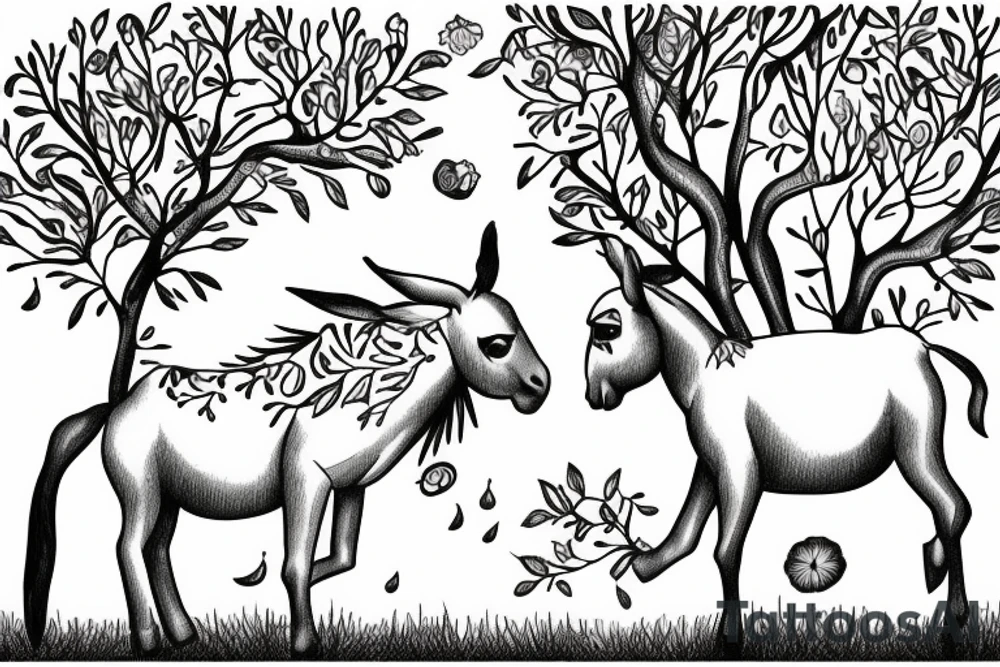 happy donkey under a tree tattoo idea