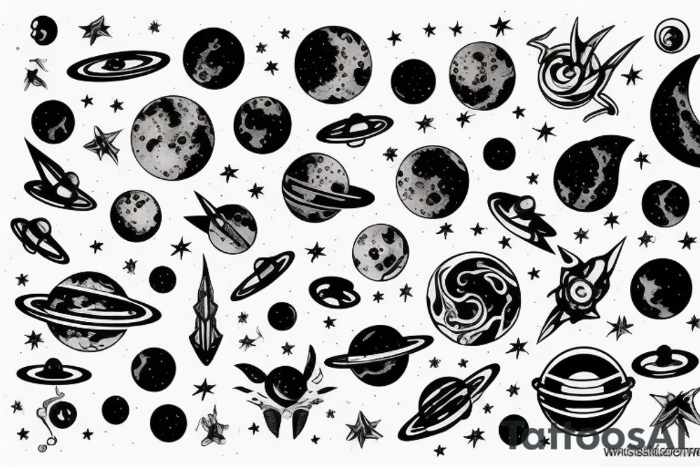 Space theme, alien spaceships, stars, moon, swirls tattoo idea
