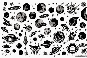 Space theme, alien spaceships, stars, moon, swirls tattoo idea