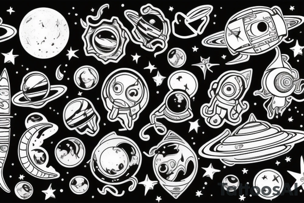Space theme, alien spaceships, stars, moon, swirls tattoo idea