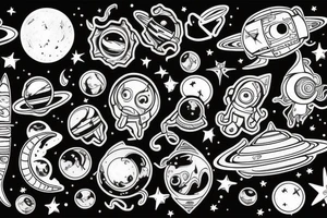 Space theme, alien spaceships, stars, moon, swirls tattoo idea