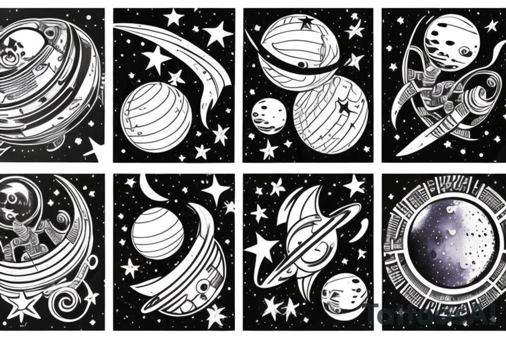 Space theme, alien spaceships, stars, moon, swirls tattoo idea