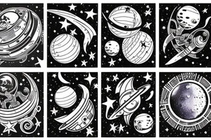 Space theme, alien spaceships, stars, moon, swirls tattoo idea