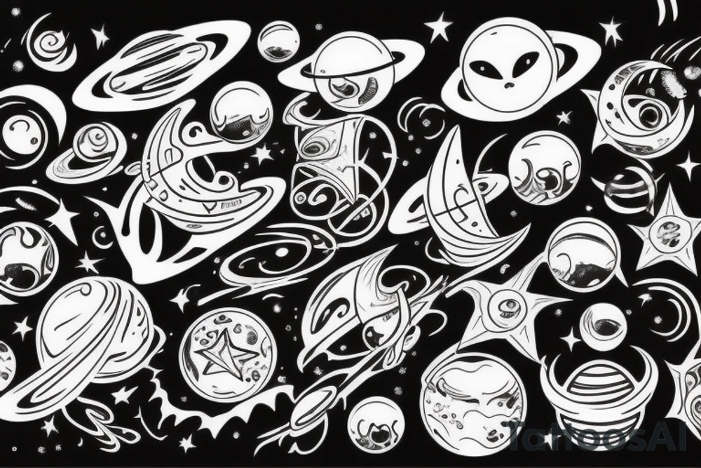 Space theme, alien spaceships, stars, moon, swirls tattoo idea