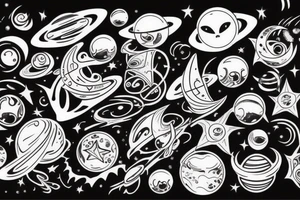Space theme, alien spaceships, stars, moon, swirls tattoo idea