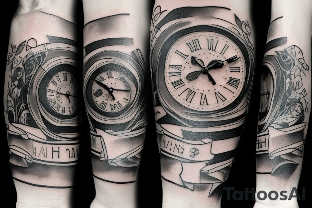 a tattoo with a dark tones theme featuring an old clock and hourglass tattoo idea