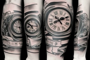 a tattoo with a dark tones theme featuring an old clock and hourglass tattoo idea