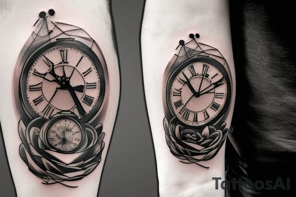 a tattoo with a dark tones theme featuring an old clock and hourglass tattoo idea