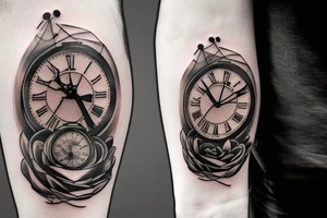 a tattoo with a dark tones theme featuring an old clock and hourglass tattoo idea