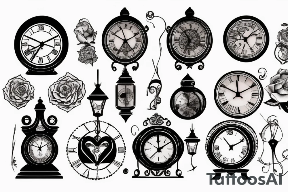 a tattoo with a dark tones theme featuring an old clock and hourglass tattoo idea