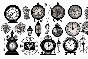 a tattoo with a dark tones theme featuring an old clock and hourglass tattoo idea