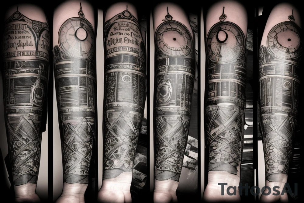 a tattoo with a dark tones theme featuring an old clock and hourglass tattoo idea