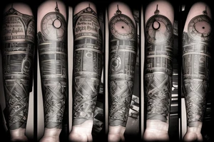 a tattoo with a dark tones theme featuring an old clock and hourglass tattoo idea