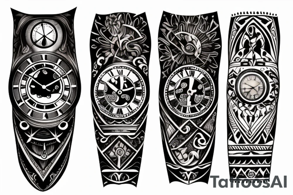 a tattoo with a dark tones theme featuring an old clock and hourglass tattoo idea