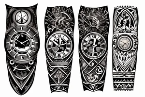 a tattoo with a dark tones theme featuring an old clock and hourglass tattoo idea
