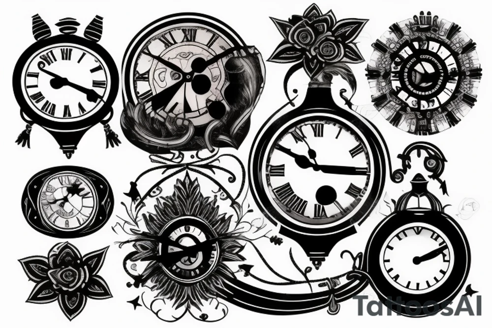 a tattoo with a dark tones theme featuring an old clock and hourglass tattoo idea
