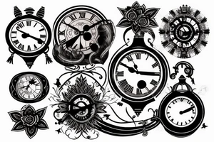 a tattoo with a dark tones theme featuring an old clock and hourglass tattoo idea