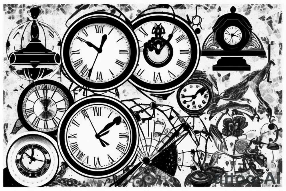 a tattoo with a dark tones theme featuring an old clock and hourglass tattoo idea
