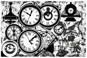 a tattoo with a dark tones theme featuring an old clock and hourglass tattoo idea