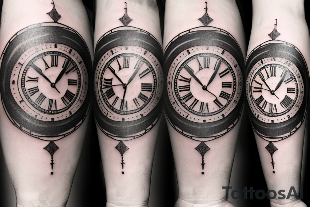 a tattoo with a dark tones theme featuring an old clock and hourglass tattoo idea