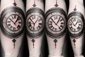 a tattoo with a dark tones theme featuring an old clock and hourglass tattoo idea