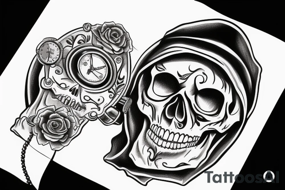 skull with black hood and sythe behind with it looking at its wrist watch tattoo idea