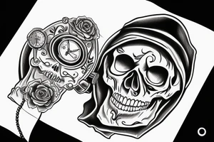 skull with black hood and sythe behind with it looking at its wrist watch tattoo idea
