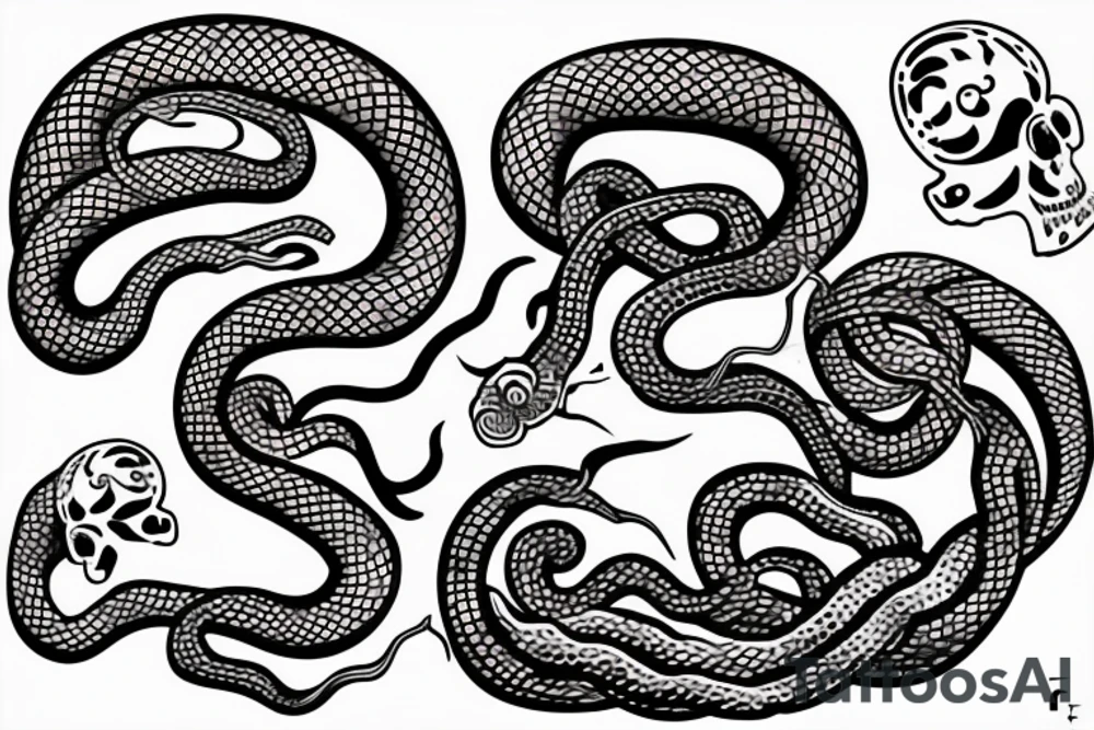 Snake with skull and Japanese waves tattoo idea