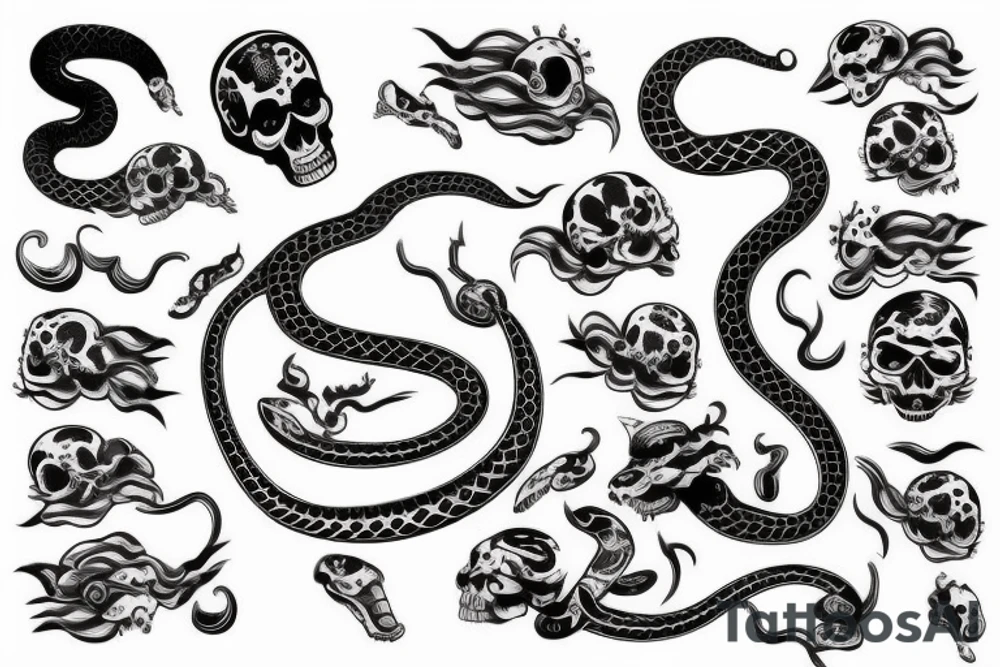 Snake with skull and Japanese waves tattoo idea