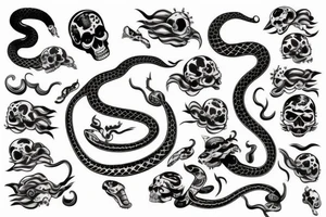 Snake with skull and Japanese waves tattoo idea