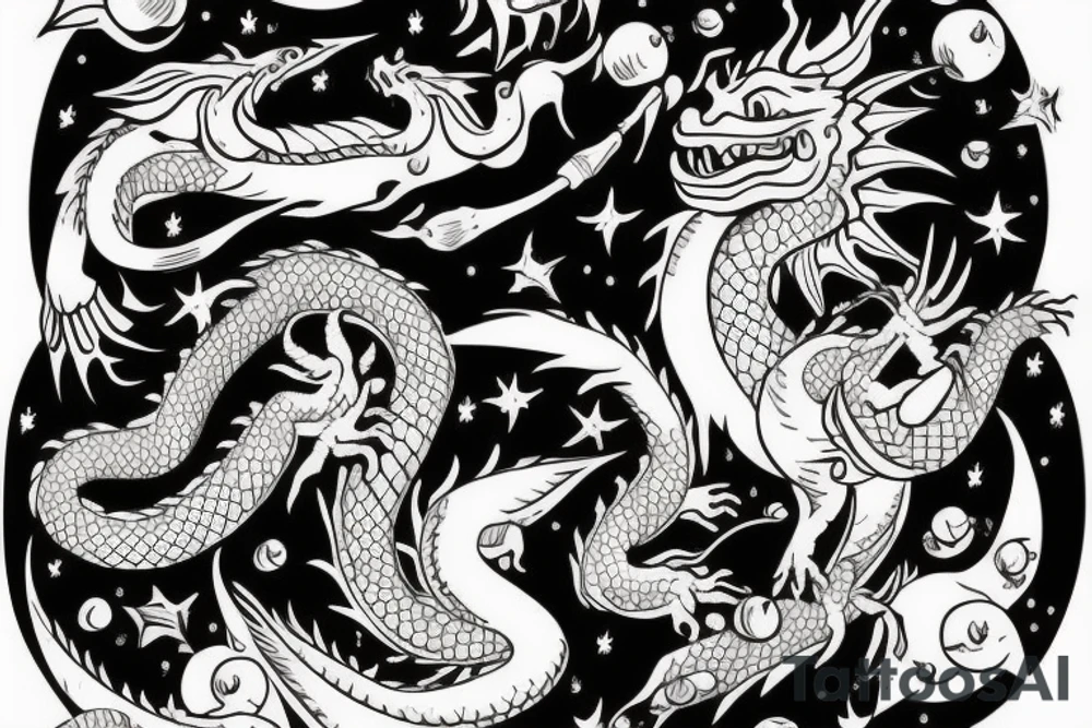A dragon with apple in the mouth in space tattoo idea