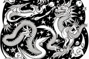 A dragon with apple in the mouth in space tattoo idea