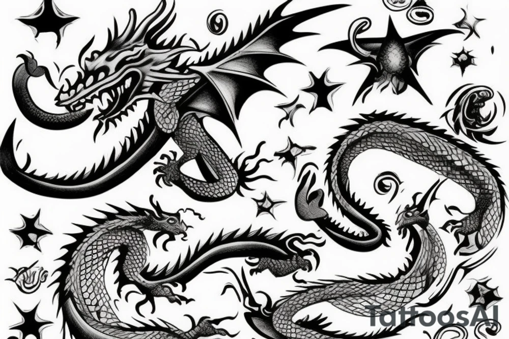 A dragon with apple in the mouth in space tattoo idea