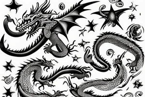 A dragon with apple in the mouth in space tattoo idea