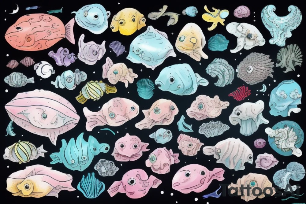 Deep sea creatures in space in colour tattoo idea