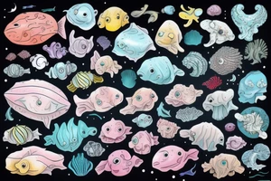 Deep sea creatures in space in colour tattoo idea
