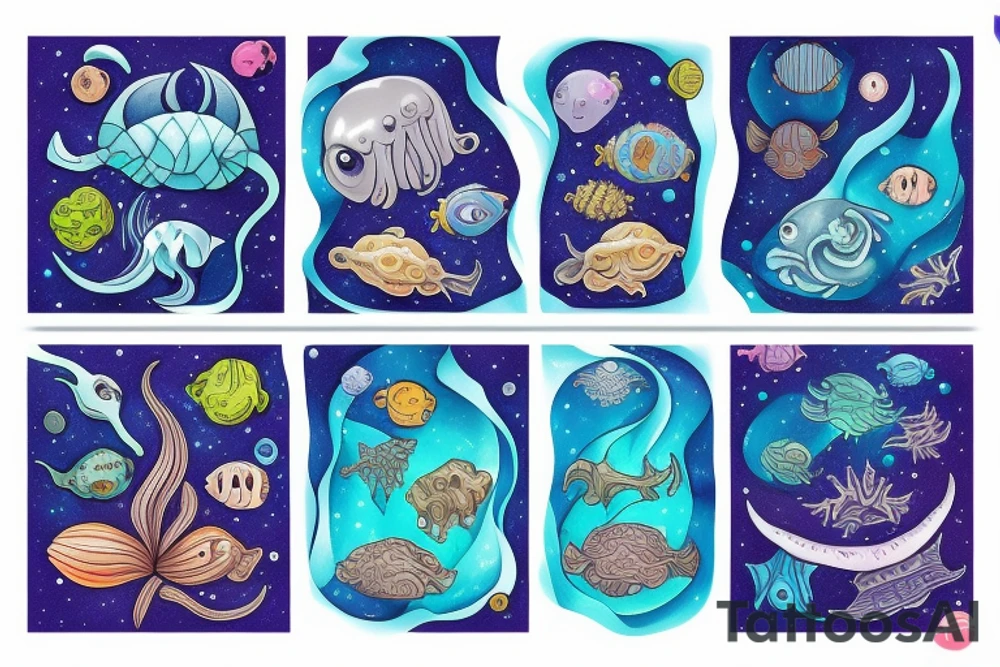 Deep sea creatures in space in colour tattoo idea