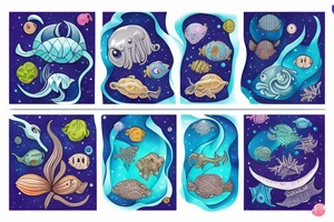 Deep sea creatures in space in colour tattoo idea