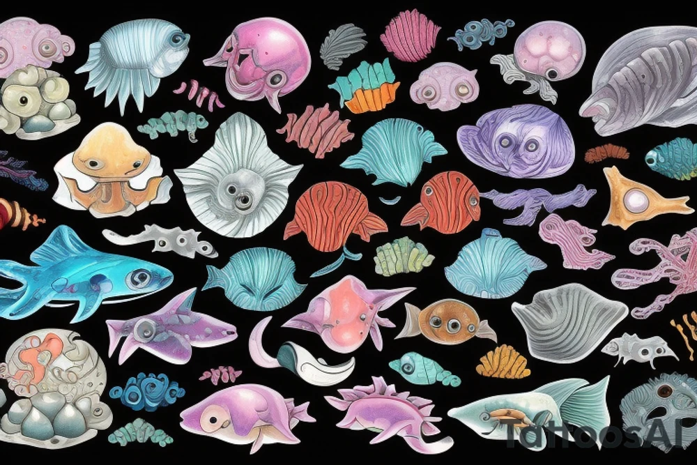 Deep sea creatures in space in colour tattoo idea