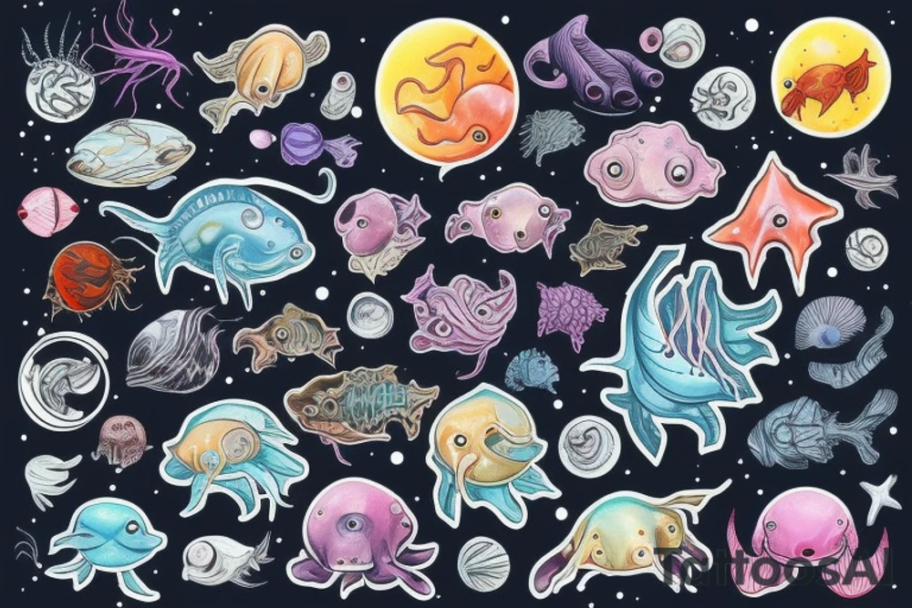 Deep sea creatures in space in colour tattoo idea